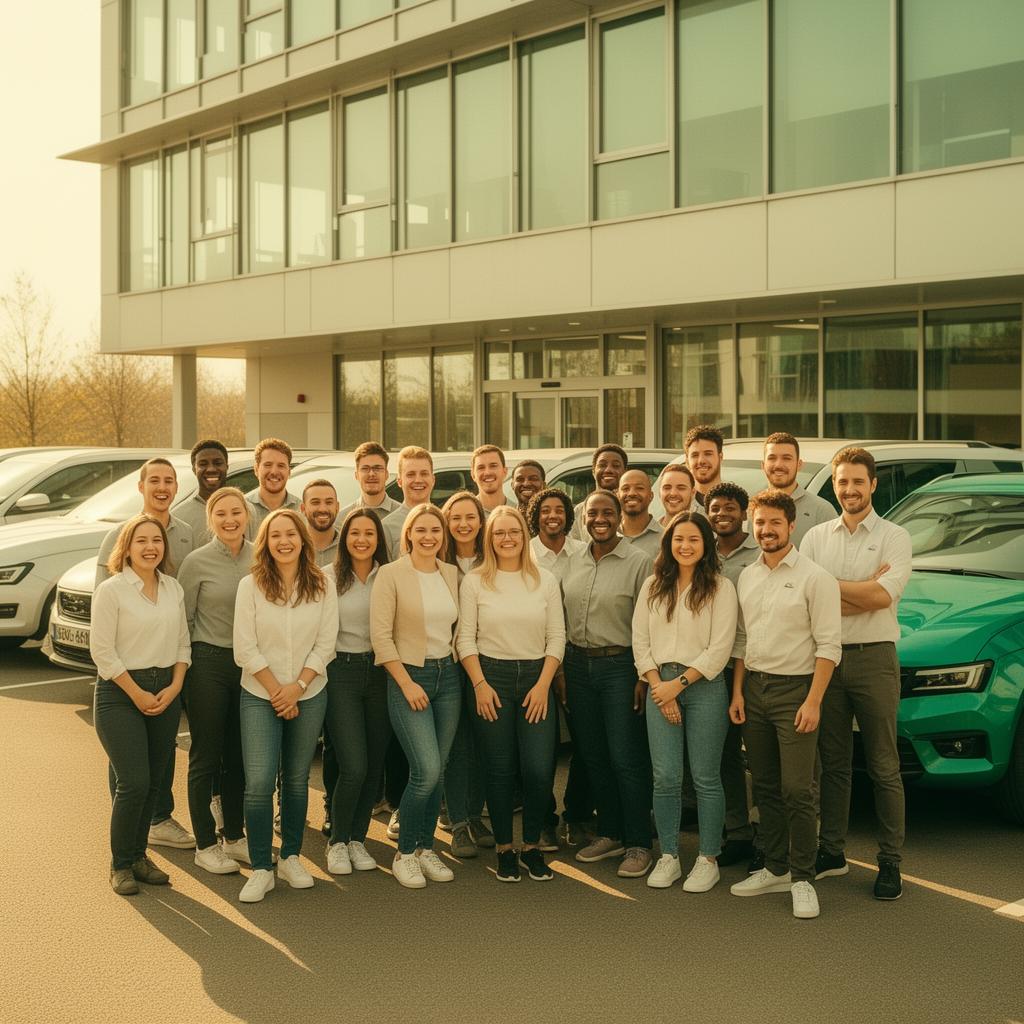 Employees at a partnered workplace next to CarPath vehicles