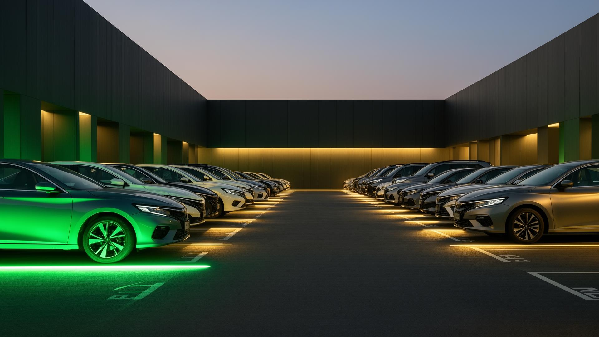 A row of modern CarPath vehicles at dusk